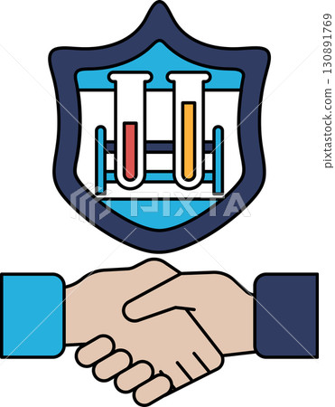 A black and white drawing of two hands shaking hands with a shield behind them A black and white drawing of two hands shaking hands with a shield behind them 130891769