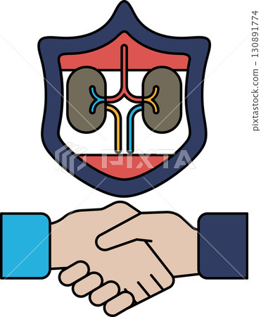 A black and white image of two hands shaking with a shield behind them 130891774