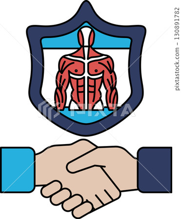 A man and a woman shaking hands with a shield in the background A man and a woman shaking hands with a shield in the background 130891782