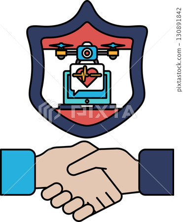 A white and black image of two hands shaking with a shield behind them A white and black image of two hands shaking with a shield behind them 130891842