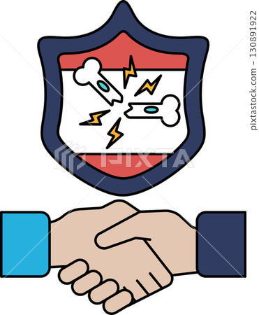 A black and white drawing of two hands shaking hands with a shield behind them 130891922