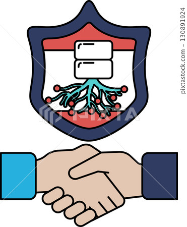 A black and white image of two hands shaking with a shield behind them A black and white image of two hands shaking with a shield behind them 130891924
