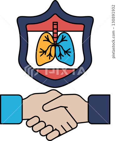 A black and white drawing of two hands shaking hands with a shield behind them 130891932