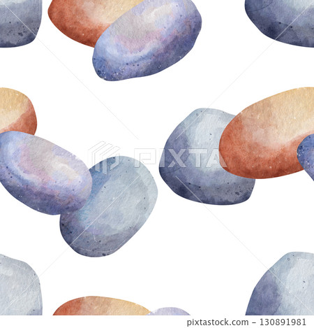 Seamless pattern of multicolored stones. Gray and orange bricks. Abstract, watercolor illustration of natural elements, white background 130891981