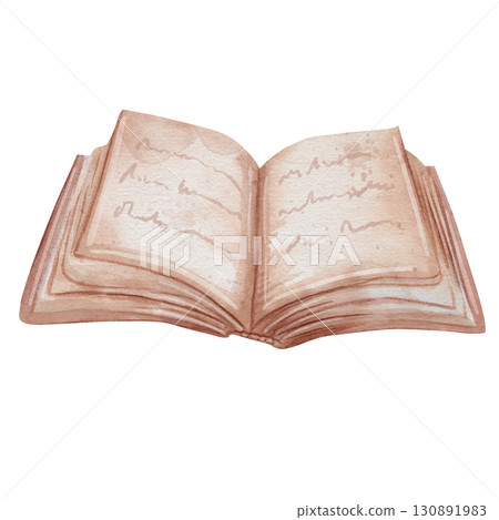 Open book with pages containing text. Watercolor illustration in vintage style. Educational item or an antique book containing letters and spells. library. White background, hand drawn illustration 130891983