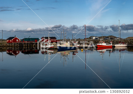 Harbor Of Hamnoy Village With Small Boats On Lofoten Islands In Norway Harbor Of Hamnoy Village With Small Boats On Lofoten Islands In Norway 130892032