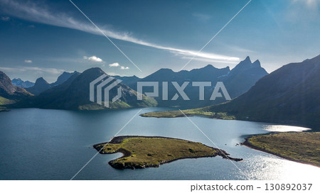Aerial View Of Coastal Landscape Near Fredvang In Torsfjord On Lofoten Islands In Norway 130892037