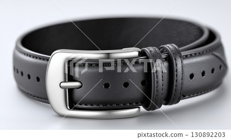 Quality black leather belt with a sleek metal buckle on a white background Quality black leather belt with a sleek metal buckle on a white background 130892203