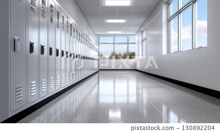 Bright and modern school hallway with lockers and large windows during daytime Bright and modern school hallway with lockers and large windows during daytime 130892204