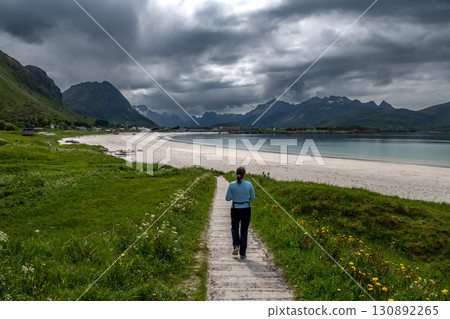 White Sand Beach Rambergstranda Near Ramberg On Lofoten Islands In Norway White Sand Beach Rambergstranda Near Ramberg On Lofoten Islands In Norway 130892265