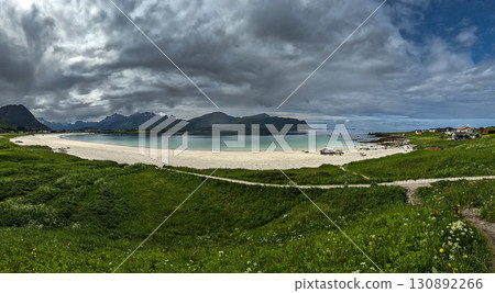 White Sand Beach Rambergstranda Near Ramberg On Lofoten Islands In Norway 130892266