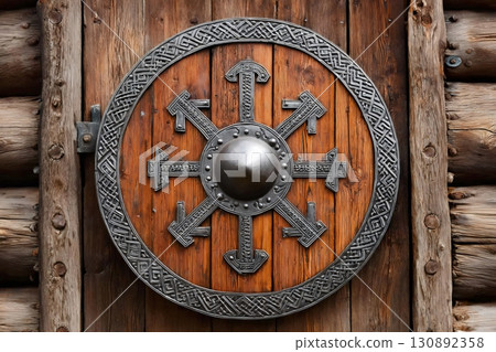 Round wooden shield with metal decorations hanging on a wooden wall 130892358
