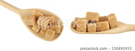brown sugar in a wooden spoon isolated on white background. Top view. Flat lay 130892453