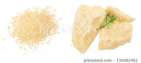 grated parmesan cheese isolated on white background. Top view. Flat lay. 130892462