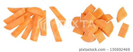 Sweet potato slices isolated on white background. Top view. Flat lay 130892469