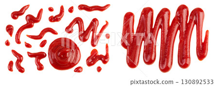 Red tomato sauce or ketchup isolated on white background. Top view. Flat lay. Set or collection 130892533