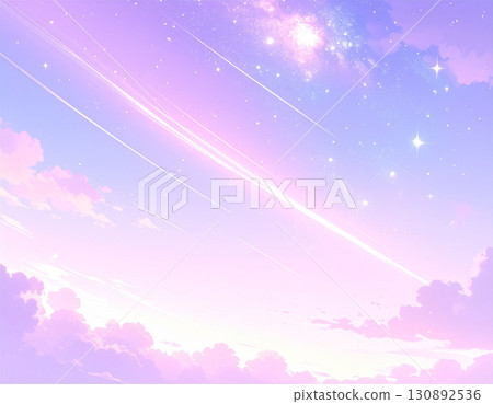 一幅夢幻般的柔和色彩的夜空插圖，上面有流星和雲彩 130892536
