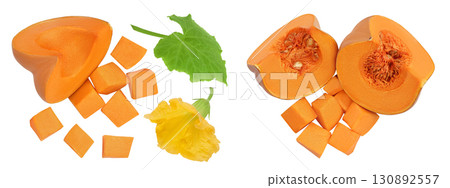 Fresh orange pumpkin isolated on white background with full depth of field. Top view. Flat lay Fresh orange pumpkin isolated on white background with full depth of field. Top view. Flat lay 130892557