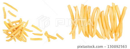 French fries or fried potatoes isolated on white background . Top view with copy space for your text. Flat lay 130892563