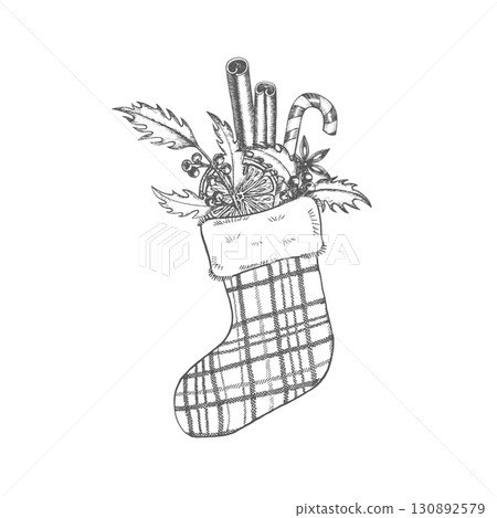 Christmas stocking with holly, candy cane, cinnamon stick, star anise, slice of mandarin. Sock with winter spicy sweets. Graphic illustration for New Year decoration, card, sticker, packaging. Vector Christmas stocking with holly, candy cane, cinnamon stick, star anise, slice of mandarin. Sock with winter spicy sweets. Graphic illustration for New Year decoration, card, sticker, packaging. Vector 130892579