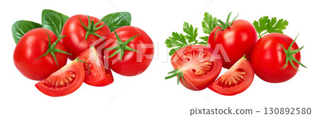 Tomato with half isolated on white background with full depth of field. Tomato with half isolated on white background with full depth of field. 130892580