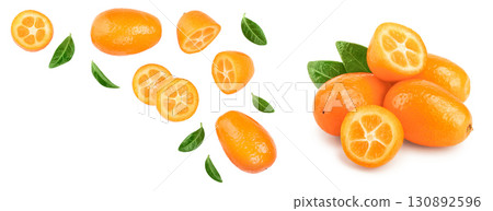 Cumquat or kumquat with slices isolated on white background with copy space for your text. Top view. Flat lay 130892596