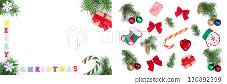 merry christmas inscription in frame made of fir branches isolated on white background with copy space for your text 130892599