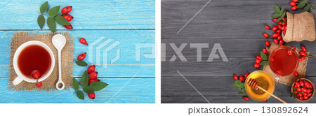 tea with rose hips on blue wooden background with copy space for your text. Top view tea with rose hips on blue wooden background with copy space for your text. Top view 130892624
