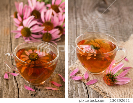 Cup of echinacea tea on old wooden table Cup of echinacea tea on old wooden table 130892631