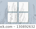 Natural light casts shadows from the field grass on 4 square sheets of white paper lying on a blue background. Mockup 130892632