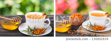 Tea of sea-buckthorn berries with honey on wooden table blurred garden background Tea of sea-buckthorn berries with honey on wooden table blurred garden background 130892634