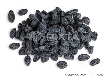 black raisins isolated on white background. Top view. Flat lay black raisins isolated on white background. Top view. Flat lay 130892639
