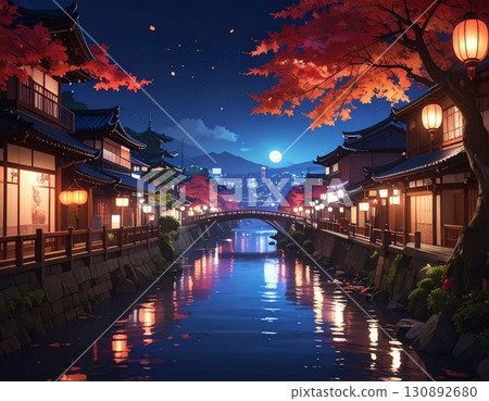 [AI-generated image] Illustrated style: Night in the ancient capital as autumn deepens 130892680