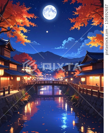 【AI 生成圖片】插畫風：秋意漸濃的古都夜色 130892687