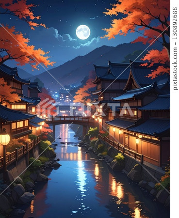 【AI 生成圖片】插畫風：秋意漸濃的古都夜色 130892688