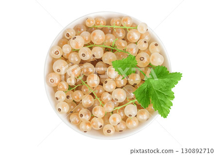 white or yellow currant in ceramic bowl isolated on white background. Top view. Flat lay white or yellow currant in ceramic bowl isolated on white background. Top view. Flat lay 130892710