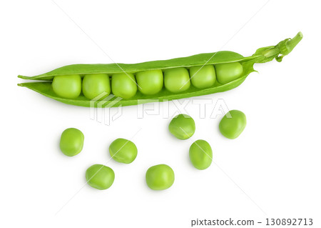 Fresh green pea pod with beans isolated on white background. Top view. Flat lay 130892713