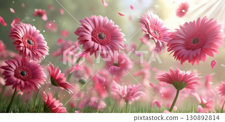 Pink Gerbera Field with Sunlit Breeze. 130892814