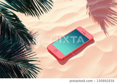 Pink phone on sandy beach. 130892838