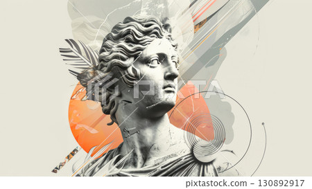 Classical marble statue bust with modern abstract elements. Design concept merges cultural heritage and creative innovation, ideal for museum exhibits or performance art posters 130892917