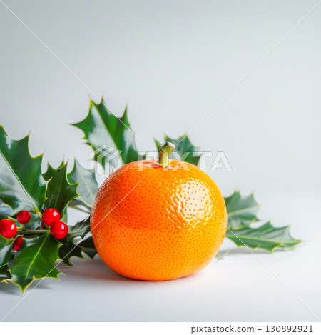 Arrangement with tangerine and sprigs of holly with red berries, symbolizing traditions of St. Nicholas Day. Perfect for holiday-themed designs, seasonal greetings or festive decor. Square format 130892921