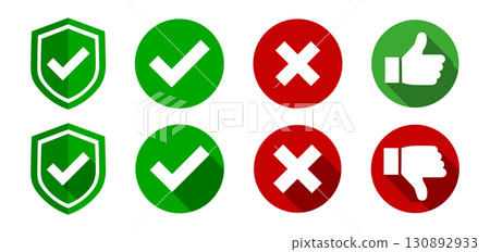 Green Checkmark, Red X, and Thumbs Up and Down Icons. Green Checkmark, Red X, and Thumbs Up and Down Icons. 130892933
