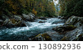 Natural Beauty And Tranquility: A Peaceful And Idyllic Autumn Landscape With A Fast-Flowing River And Dense Woods. 130892936
