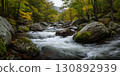 Natural Beauty And Tranquility: A Majestic Natural Scene With A Rocky Riverbed And Vibrant Fall Foliage In A Wilderness Setting. 130892939