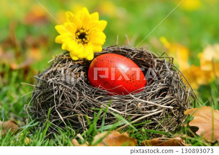 Red egg with bird nest, and spring flower. Red egg with bird nest, and spring flower. 130893073