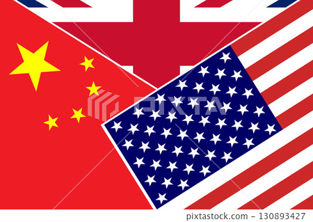 Flags of China, USA, and UK Intertwined, Illustrating Global Relations. 130893427