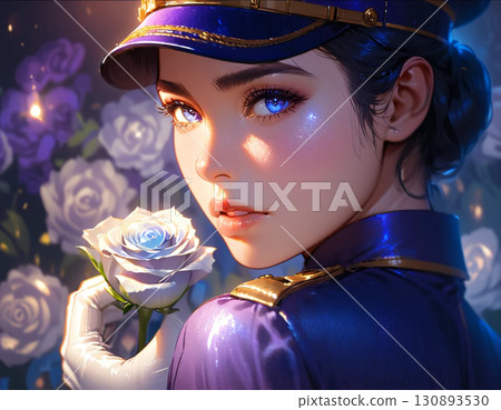身穿制服的女子，背景中有一朵玫瑰花 - 高品質 JPG 素材 130893530
