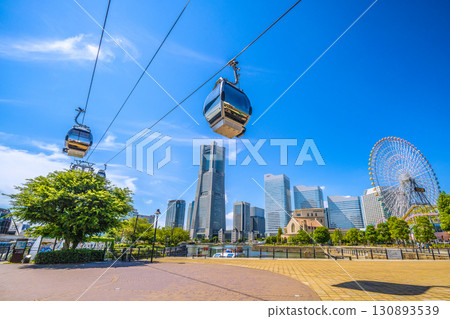 Yokohama cityscape in Japan...View of the ropeway and Yokohama Landmark Tower from Canal Park Station and Canal Park 130893539