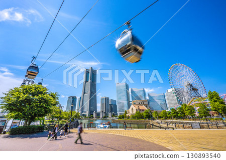 Yokohama cityscape in Japan...View of the ropeway and Yokohama Landmark Tower from Canal Park Station and Canal Park 130893540