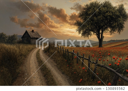 Rustic cottage and winding path at sunset in scenic countryside landscape with red poppies 130893562
